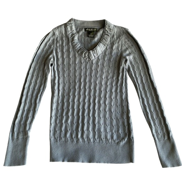 Eddie Bauer‎ Women's Green Cable Knit Sweater S/P Pullover V-Neck Long Sleeve - Picture 1 of 8